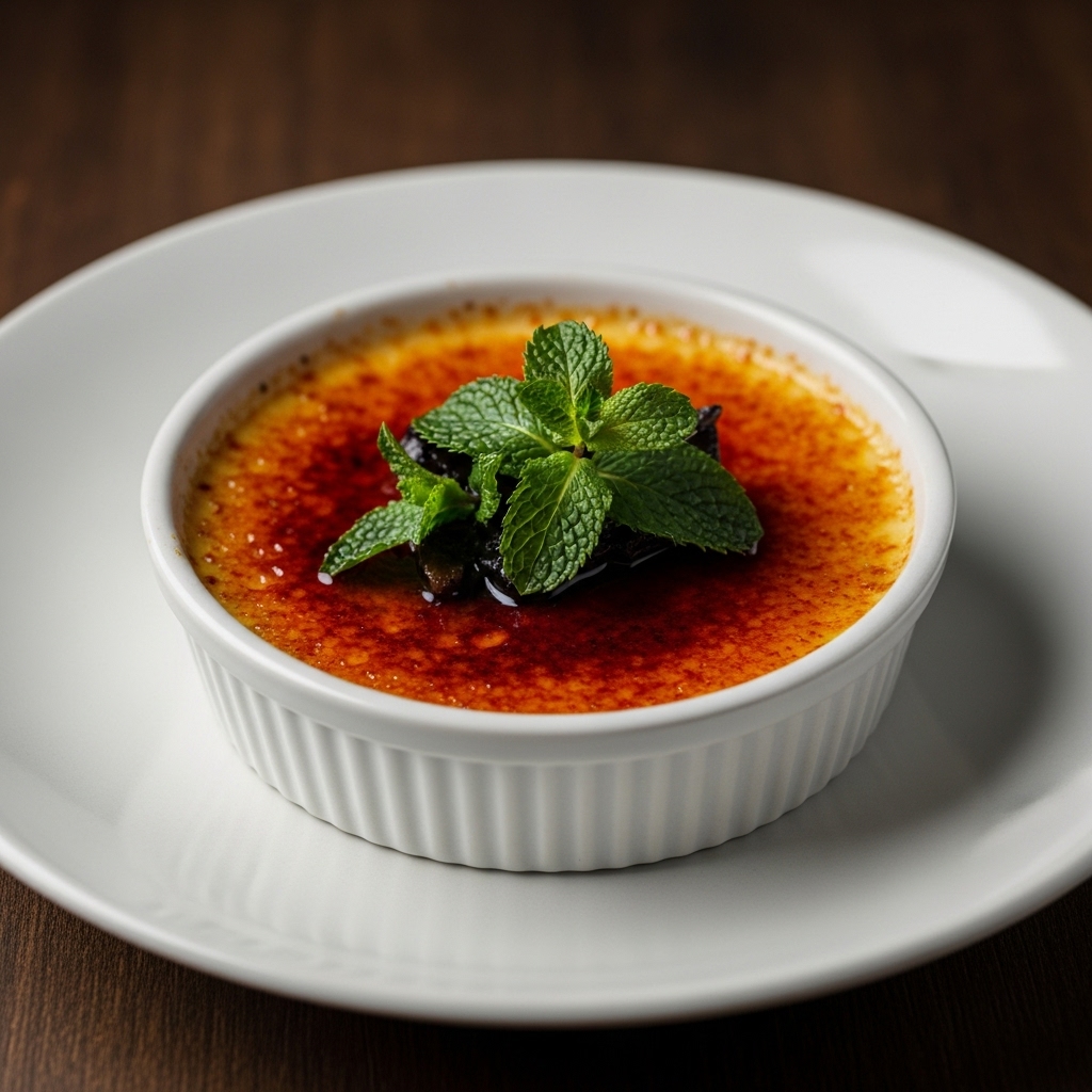 Irish Cream Crème Brûlée with Candied Mint Leaves – A Rich, Culinary Cinematic Experience